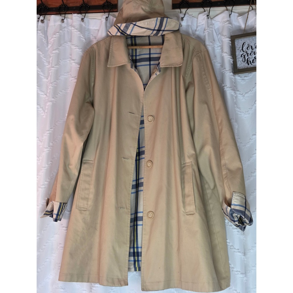 Brylane Woman Weather Solutions Beige Plaid Reversible Trench Coat Size 24W Hat - Picture 2 of 9